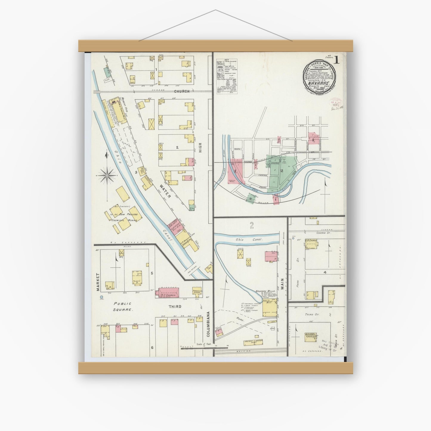 Old map wall art mockup — magnetic wood frame on white wall — Sanborn Fire Insurance Map from Navarre, Stark County, Ohio (1895) - Complete Map Set