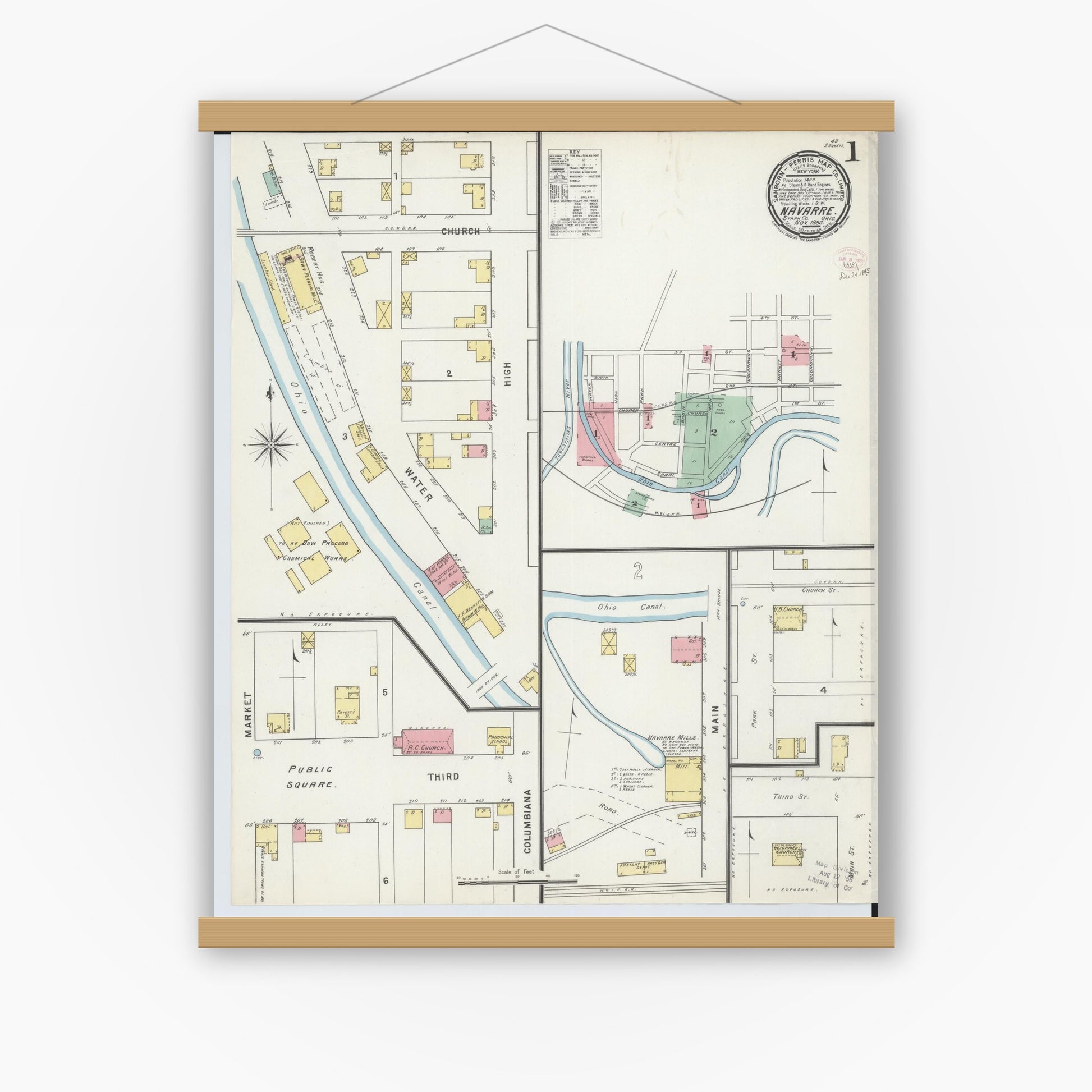 Old map wall art mockup — magnetic wood frame on white wall — Sanborn Fire Insurance Map from Navarre, Stark County, Ohio (1895) - Complete Map Set