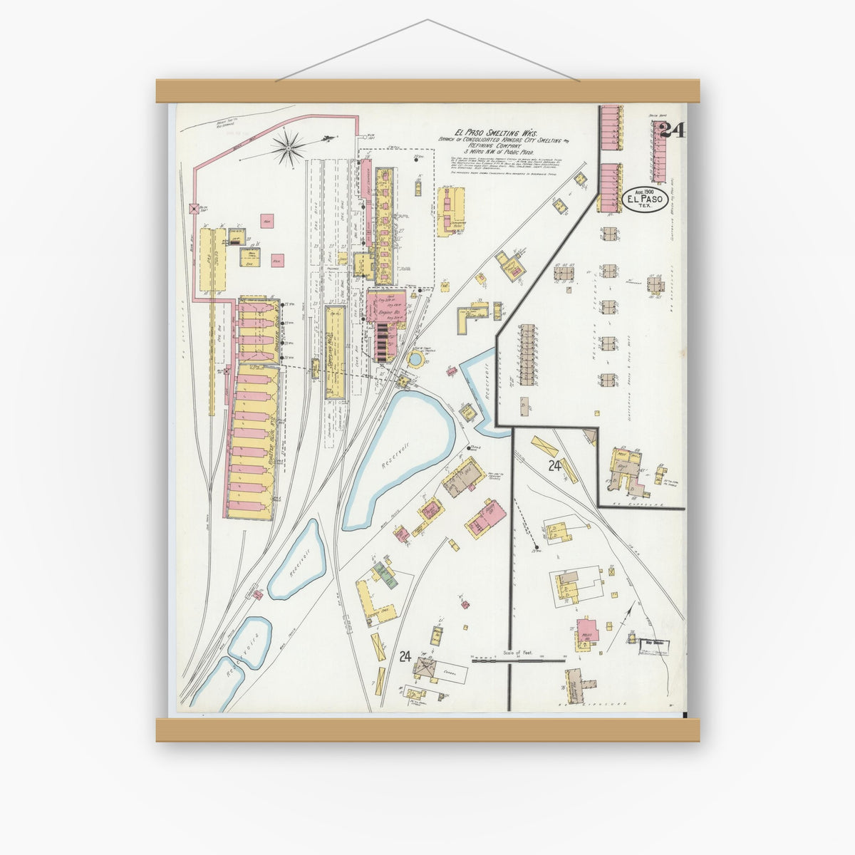 Old map wall art mockup — magnetic wood frame on white wall — Sanborn Fire Insurance Map from El Paso, El Paso County, Texas (1900), Sheet #0024