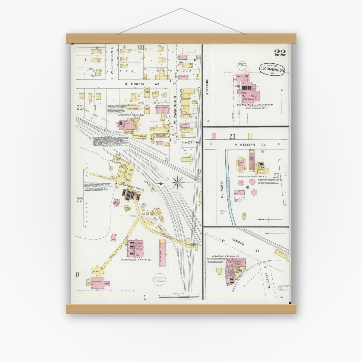 Old map wall art mockup — magnetic wood frame on white wall — Sanborn Fire Insurance Map from Bloomington, McLean County, Illinois (1896), Sheet #0022