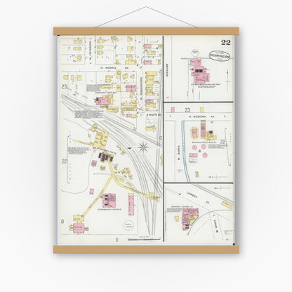 Old map wall art mockup — magnetic wood frame on white wall — Sanborn Fire Insurance Map from Bloomington, McLean County, Illinois (1896), Sheet #0022