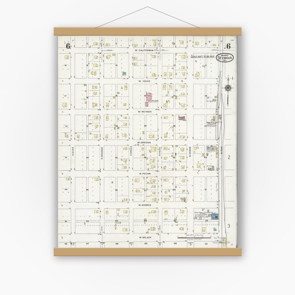 Old map wall art mockup — magnetic wood frame on white wall — Sanborn Fire Insurance Map from Seymour, Baylor County, Texas (1925), Sheet #0006