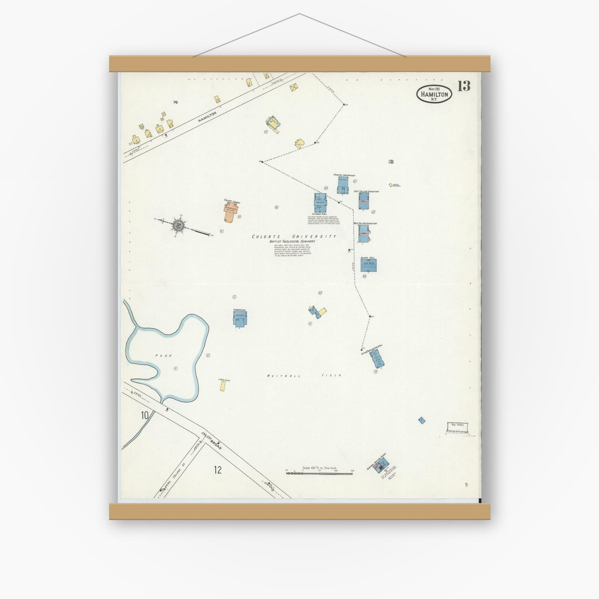 Old map wall art mockup — magnetic wood frame on white wall — Sanborn Fire Insurance Map from Hamilton, Madison County, New York (1911), Sheet #0013
