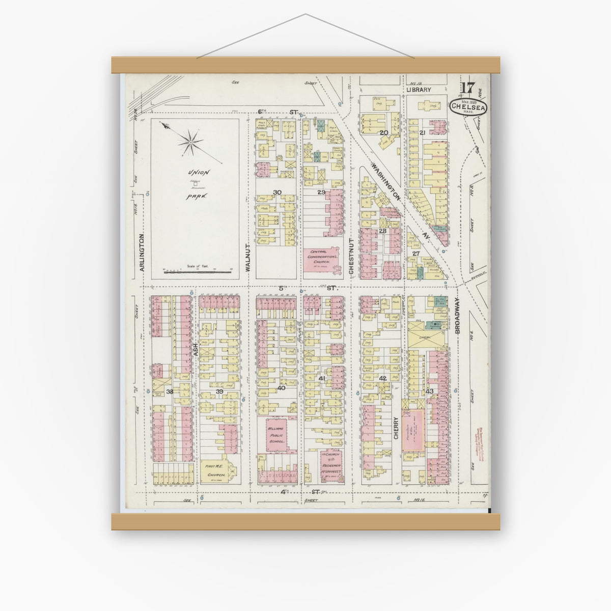 Old map wall art mockup — magnetic wood frame on white wall — Sanborn Fire Insurance Map from Chelsea, Suffolk County, Massachusetts (1889), Sheet #0017