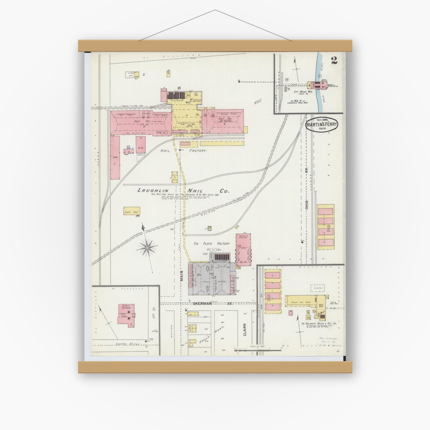 Old map wall art mockup — magnetic wood frame on white wall — Sanborn Fire Insurance Map from Martins Ferry, Belmont County, Ohio (1895), Sheet #0002