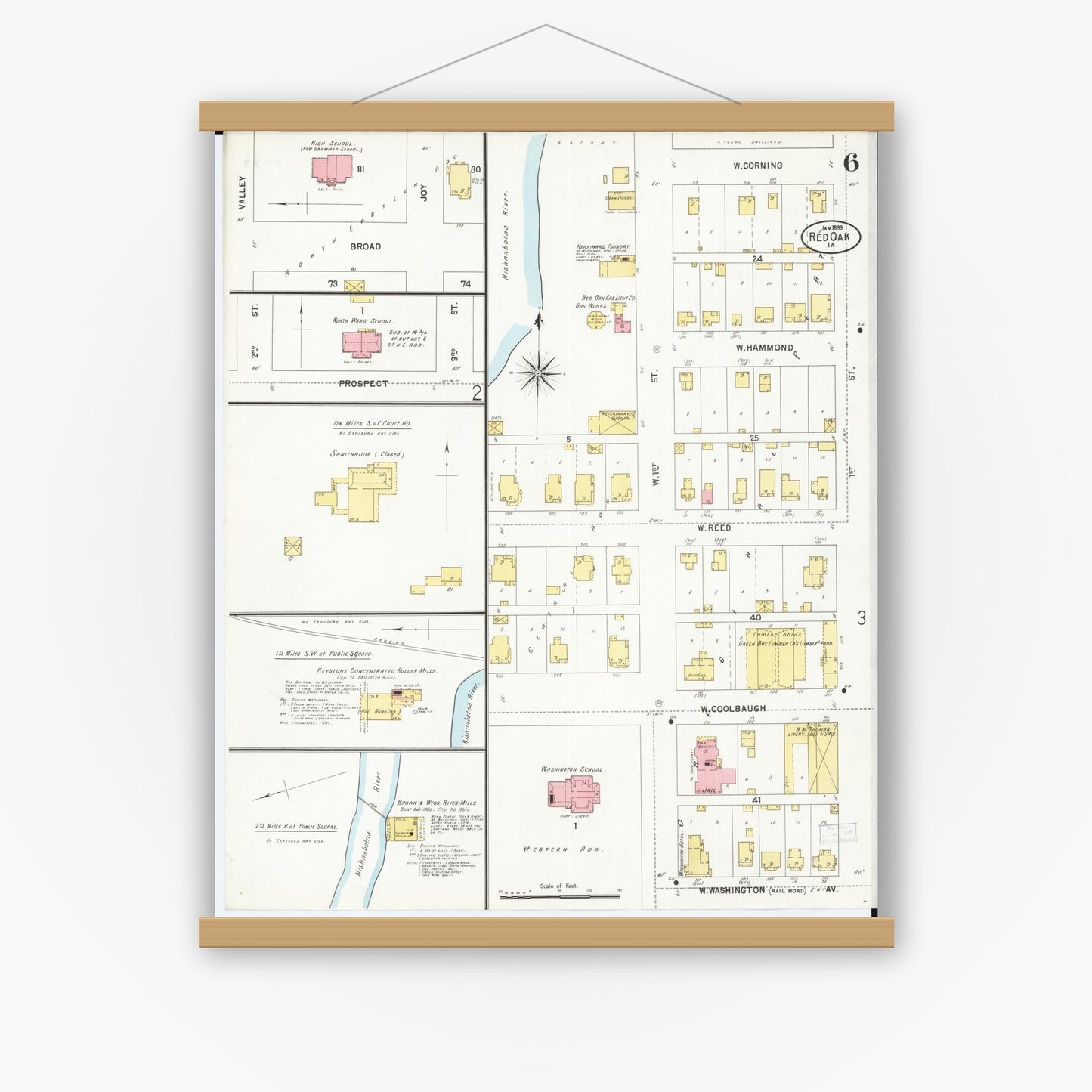 Old map wall art mockup — magnetic wood frame on white wall — Sanborn Fire Insurance Map from Red Oak, Montgomery County, Iowa (1899), Sheet #0006