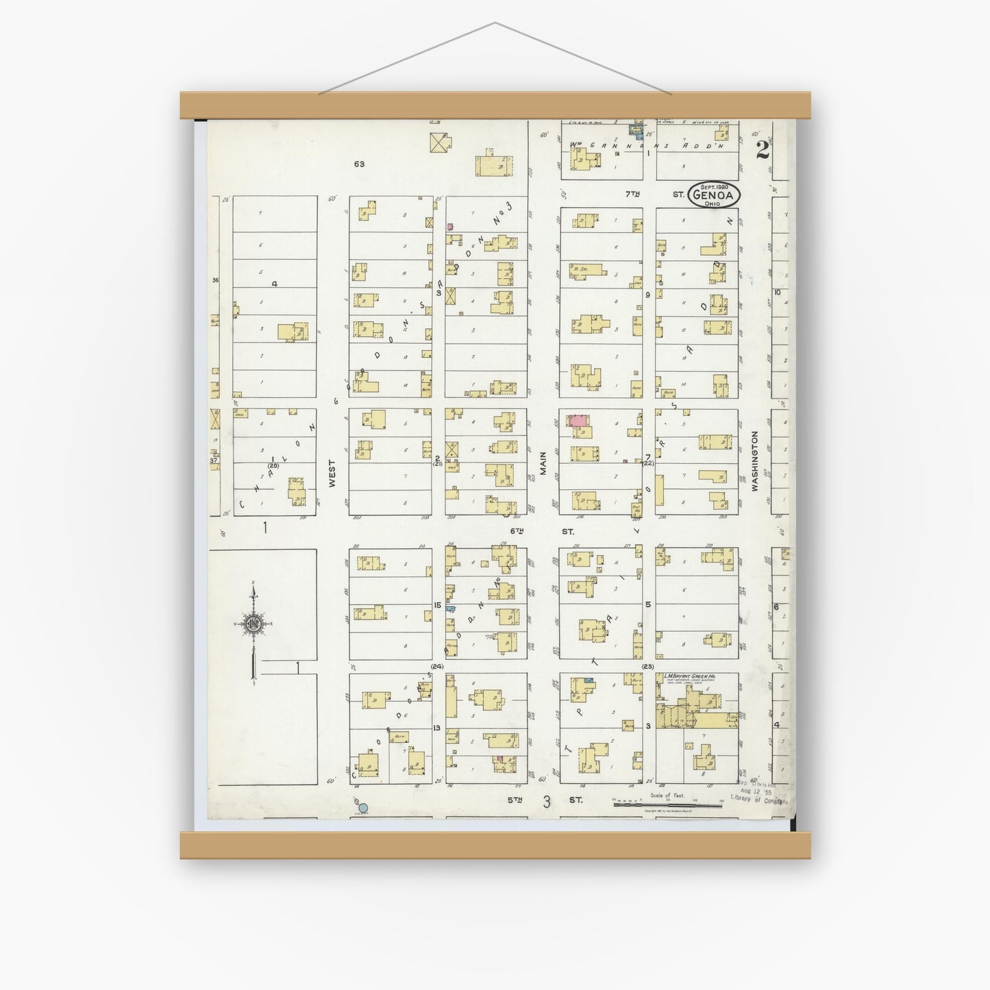 Old map wall art mockup — magnetic wood frame on white wall — Sanborn Fire Insurance Map from Genoa, Ottawa County, Ohio (1920), Sheet #0002