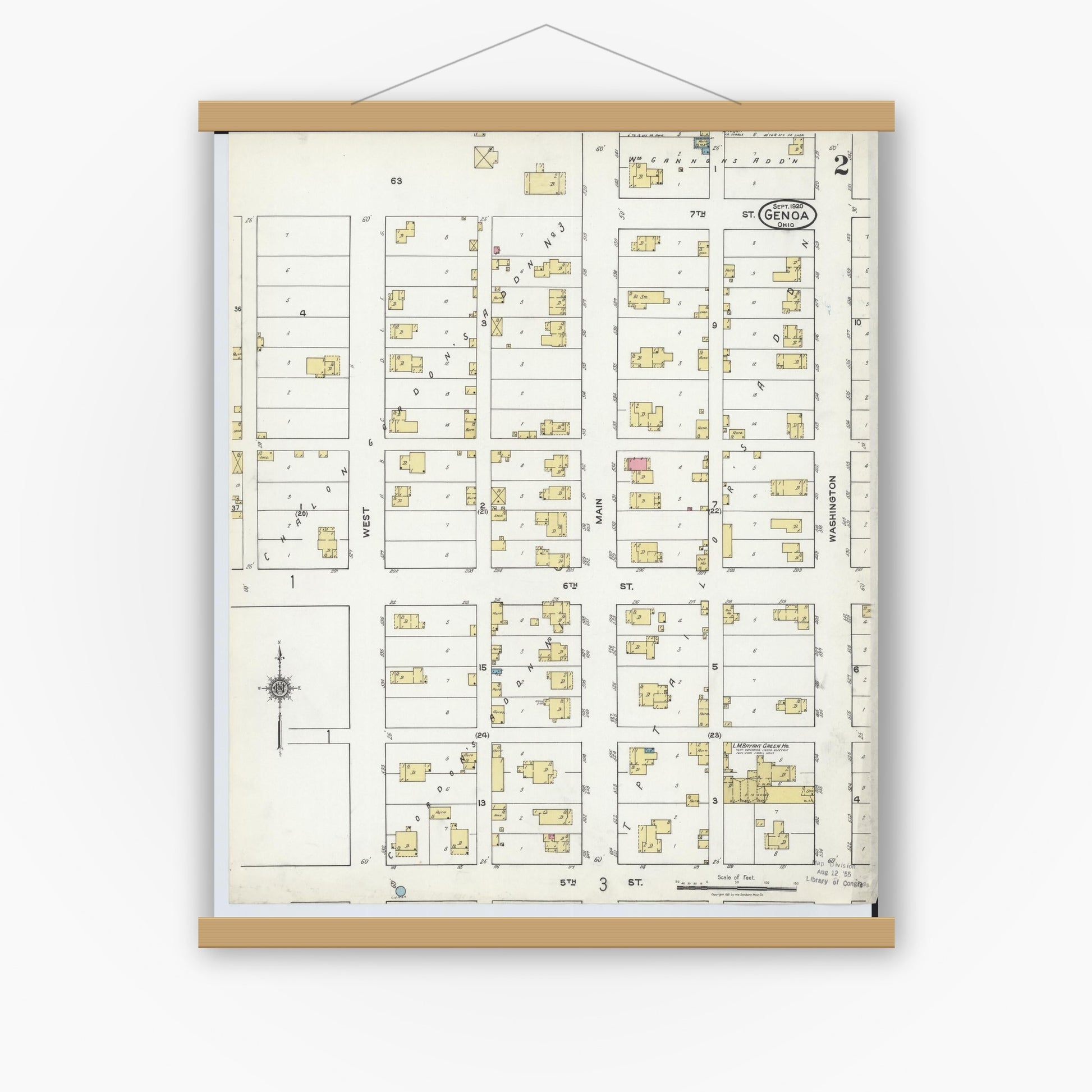 Old map wall art mockup — magnetic wood frame on white wall — Sanborn Fire Insurance Map from Genoa, Ottawa County, Ohio (1920), Sheet #0002