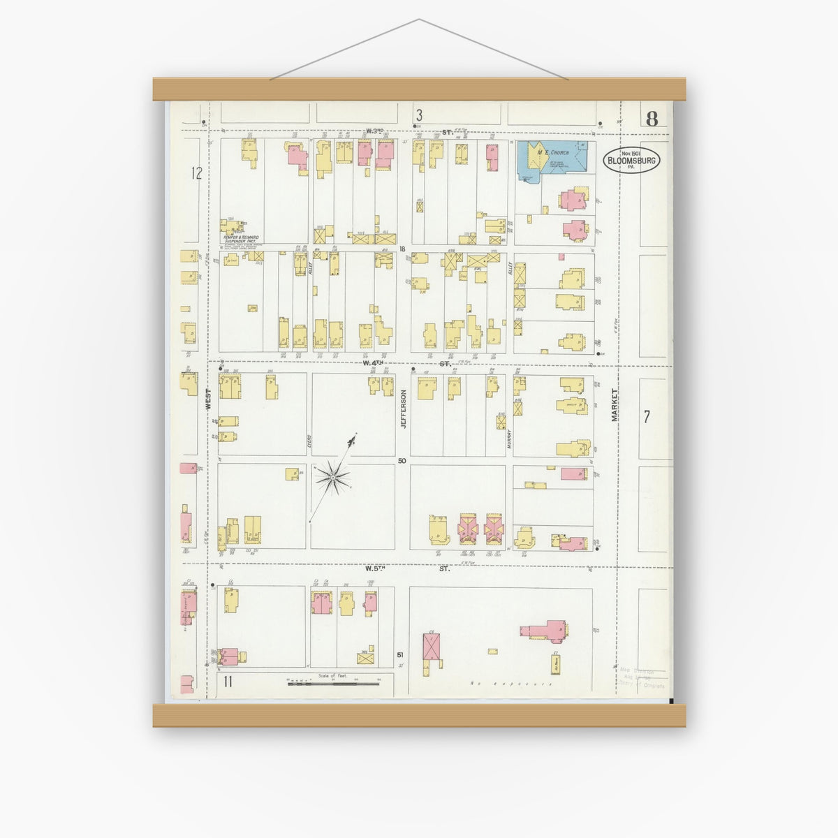 Old map wall art mockup — magnetic wood frame on white wall — Sanborn Fire Insurance Map from Bloomsburg, Columbia County, Pennsylvania (1901), Sheet #0008