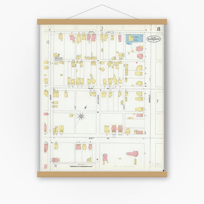 Old map wall art mockup — magnetic wood frame on white wall — Sanborn Fire Insurance Map from Bloomsburg, Columbia County, Pennsylvania (1901), Sheet #0008