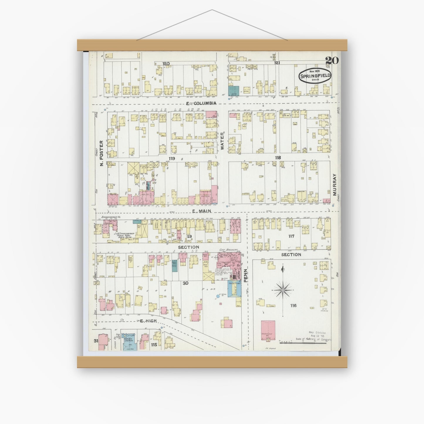 Old map wall art mockup — magnetic wood frame on white wall — Sanborn Fire Insurance Map from Springfield, Clark County, Ohio (1891), Sheet #0020