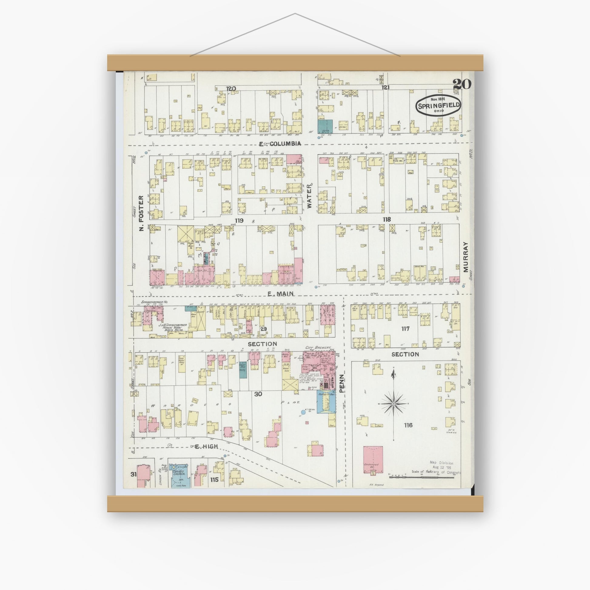 Old map wall art mockup — magnetic wood frame on white wall — Sanborn Fire Insurance Map from Springfield, Clark County, Ohio (1891), Sheet #0020