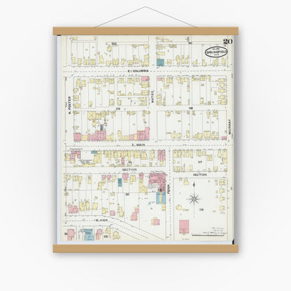Old map wall art mockup — magnetic wood frame on white wall — Sanborn Fire Insurance Map from Springfield, Clark County, Ohio (1891), Sheet #0020