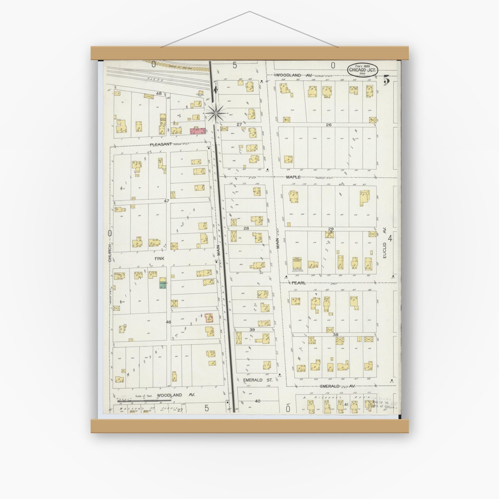 Old map wall art mockup — magnetic wood frame on white wall — Sanborn Fire Insurance Map from Chicago Junction, Huron County, Ohio (1899), Sheet #0005
