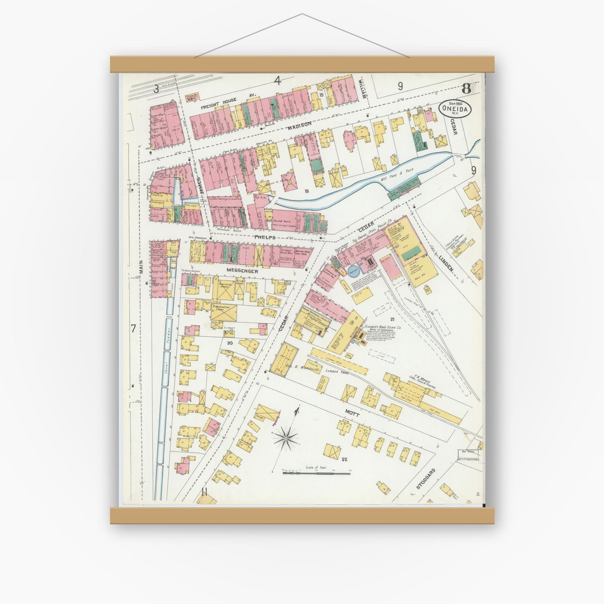 Old map wall art mockup — magnetic wood frame on white wall — Sanborn Fire Insurance Map from Oneida, Madison County, New York (1904), Sheet #0007