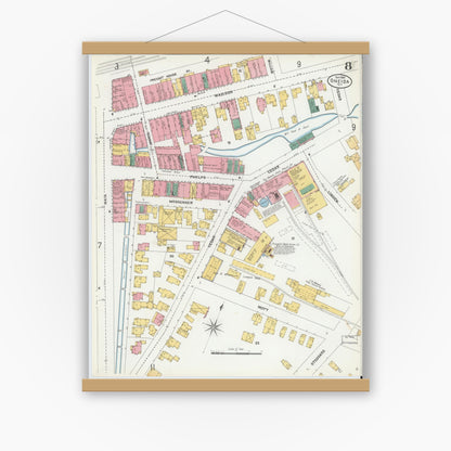 Old map wall art mockup — magnetic wood frame on white wall — Sanborn Fire Insurance Map from Oneida, Madison County, New York (1904), Sheet #0007