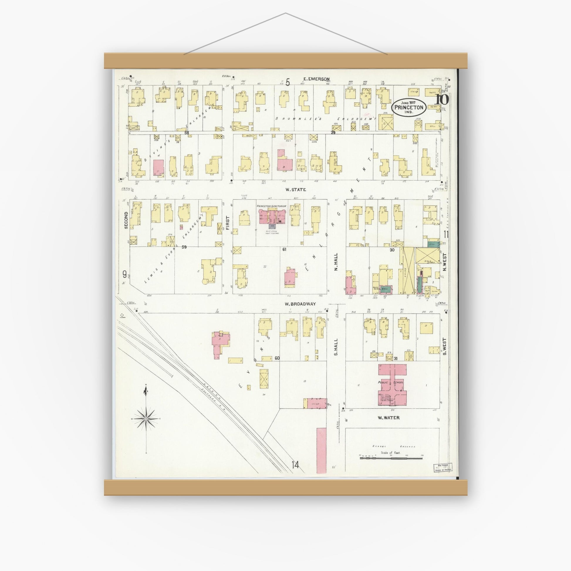 Old map wall art mockup — magnetic wood frame on white wall — Sanborn Fire Insurance Map from Princeton, Gibson County, Indiana (1907), Sheet #0010