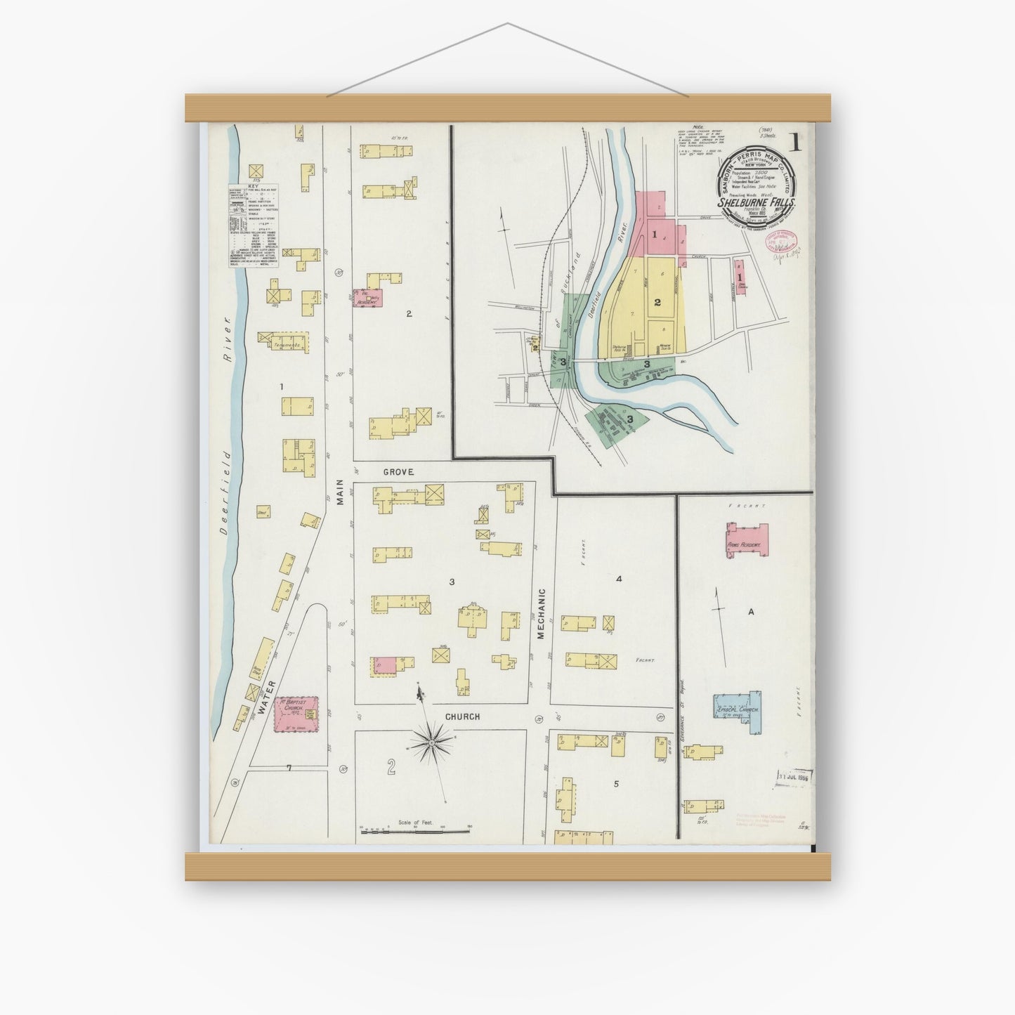 Old map wall art mockup — magnetic wood frame on white wall — Sanborn Fire Insurance Map from Shelburne Falls, Franklin County, Massachusetts (1895) - Complete Map Set