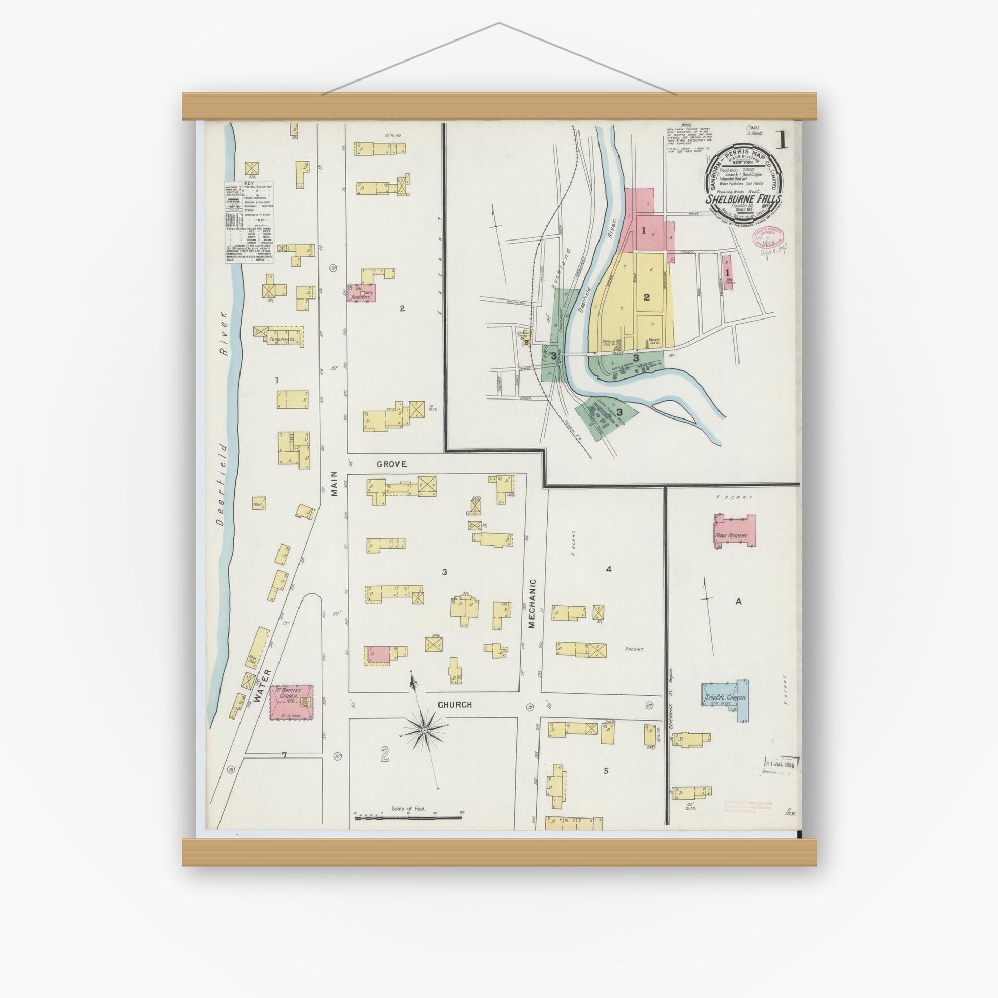 Old map wall art mockup — magnetic wood frame on white wall — Sanborn Fire Insurance Map from Shelburne Falls, Franklin County, Massachusetts (1895) - Complete Map Set