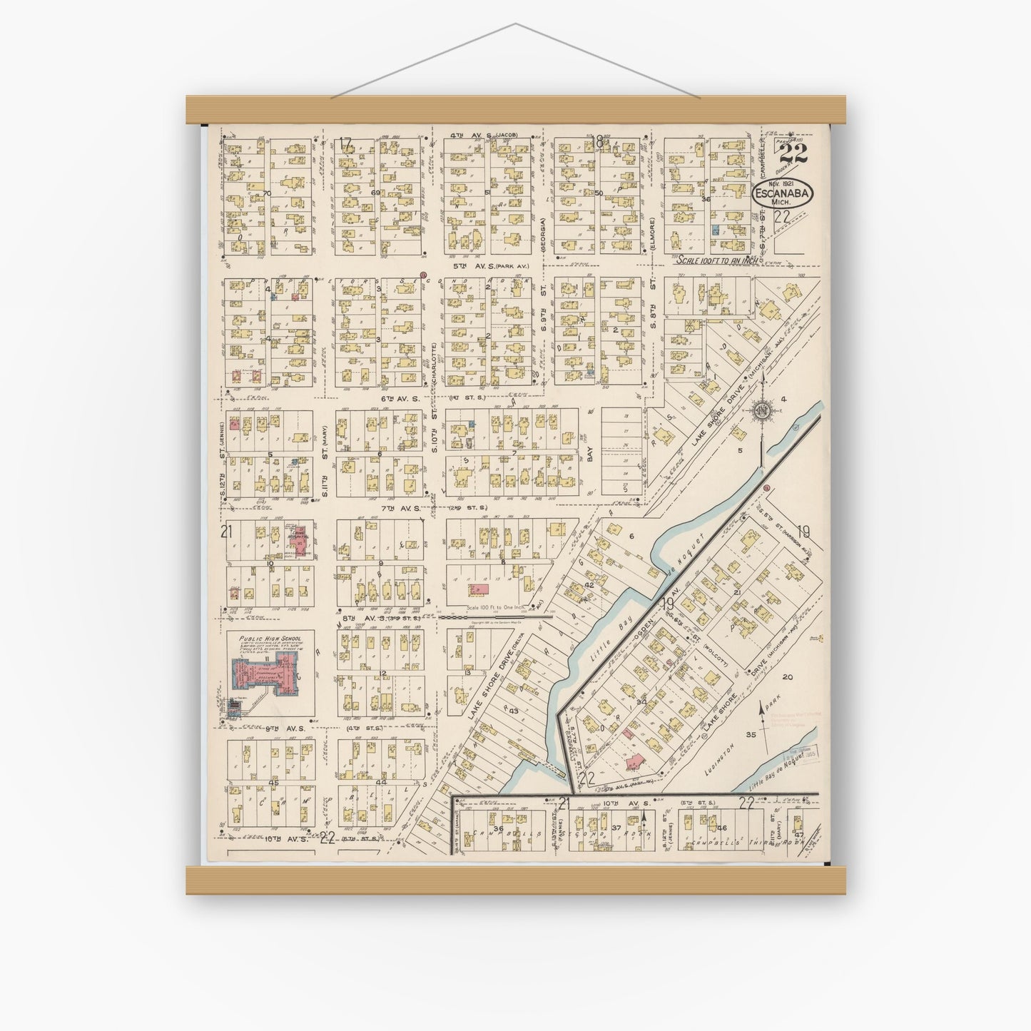 Old map wall art mockup — magnetic wood frame on white wall — Sanborn Fire Insurance Map from Escanaba, Delta County, Michigan (1921), Sheet #0022