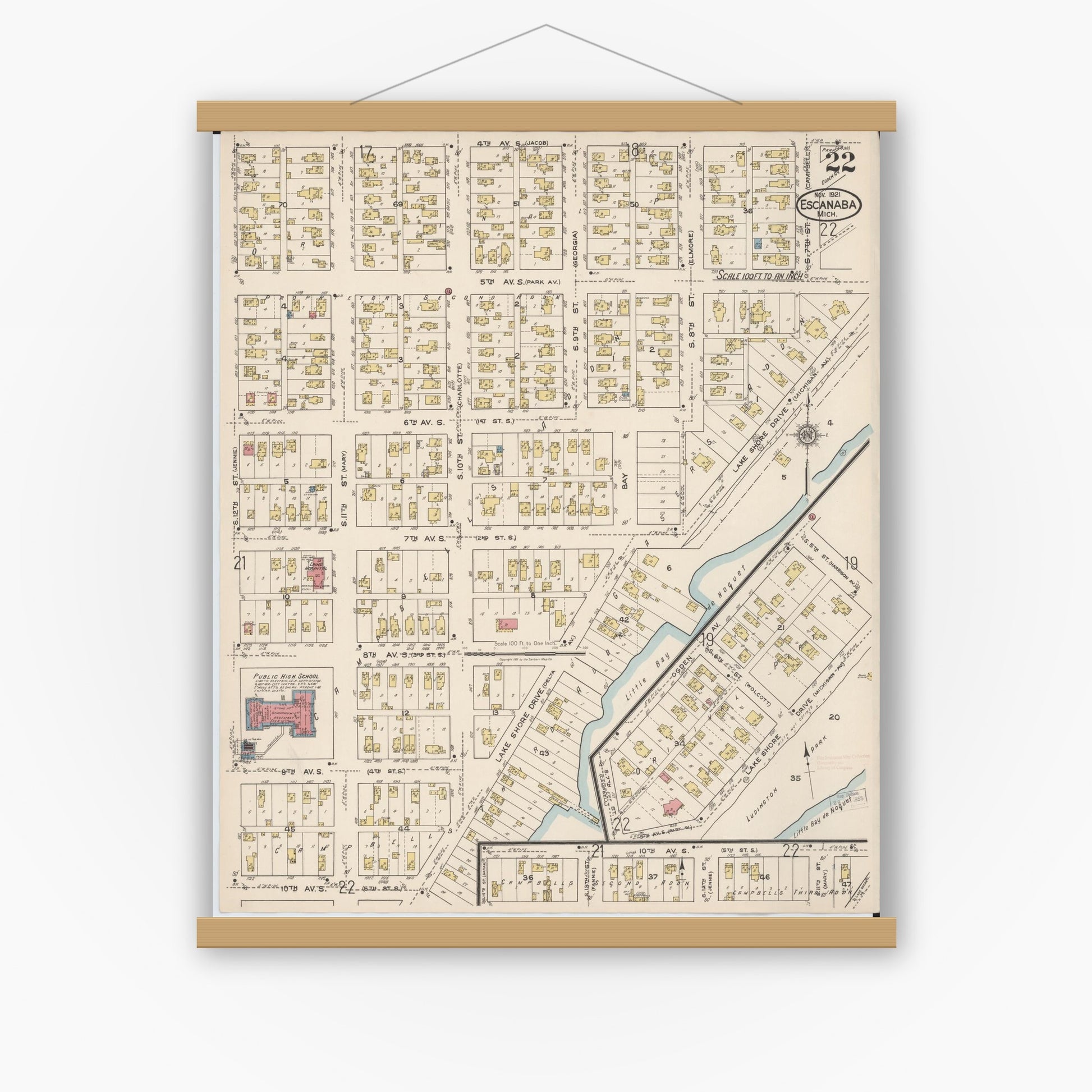 Old map wall art mockup — magnetic wood frame on white wall — Sanborn Fire Insurance Map from Escanaba, Delta County, Michigan (1921), Sheet #0022