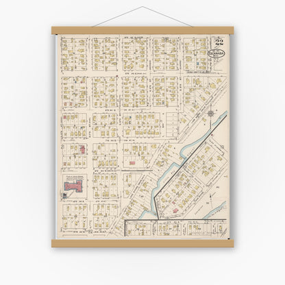 Old map wall art mockup — magnetic wood frame on white wall — Sanborn Fire Insurance Map from Escanaba, Delta County, Michigan (1921), Sheet #0022