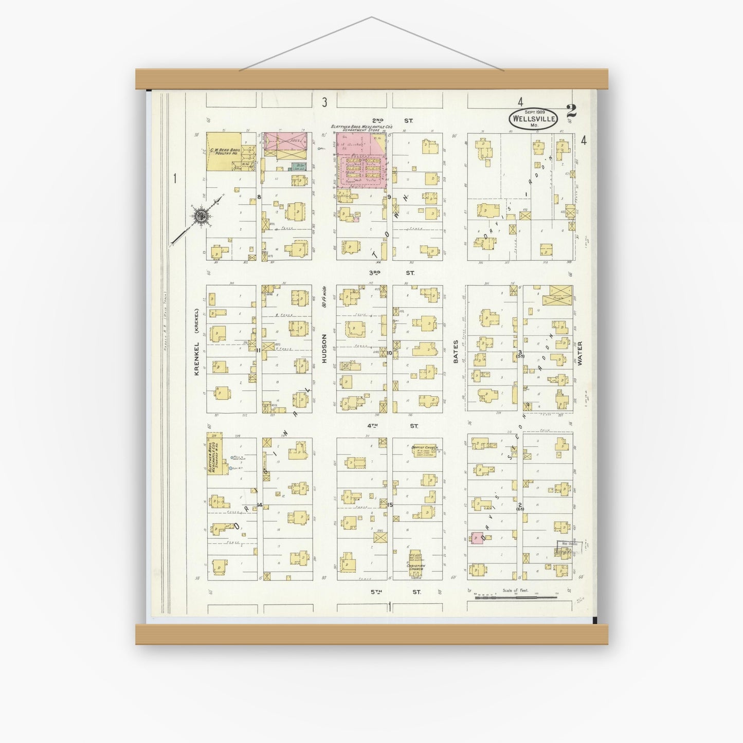 Old map wall art mockup — magnetic wood frame on white wall — Sanborn Fire Insurance Map from Wellsville, Montgomery County, Missouri (1909), Sheet #0002