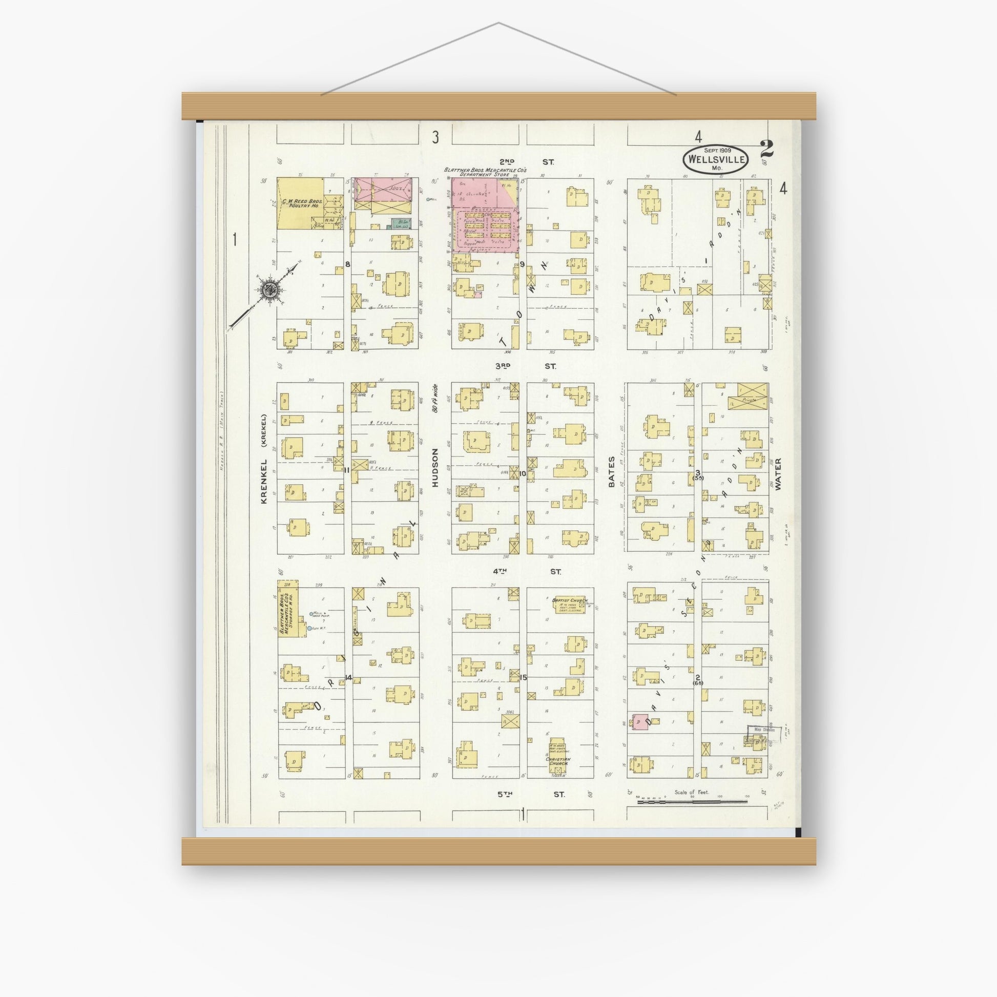 Old map wall art mockup — magnetic wood frame on white wall — Sanborn Fire Insurance Map from Wellsville, Montgomery County, Missouri (1909), Sheet #0002