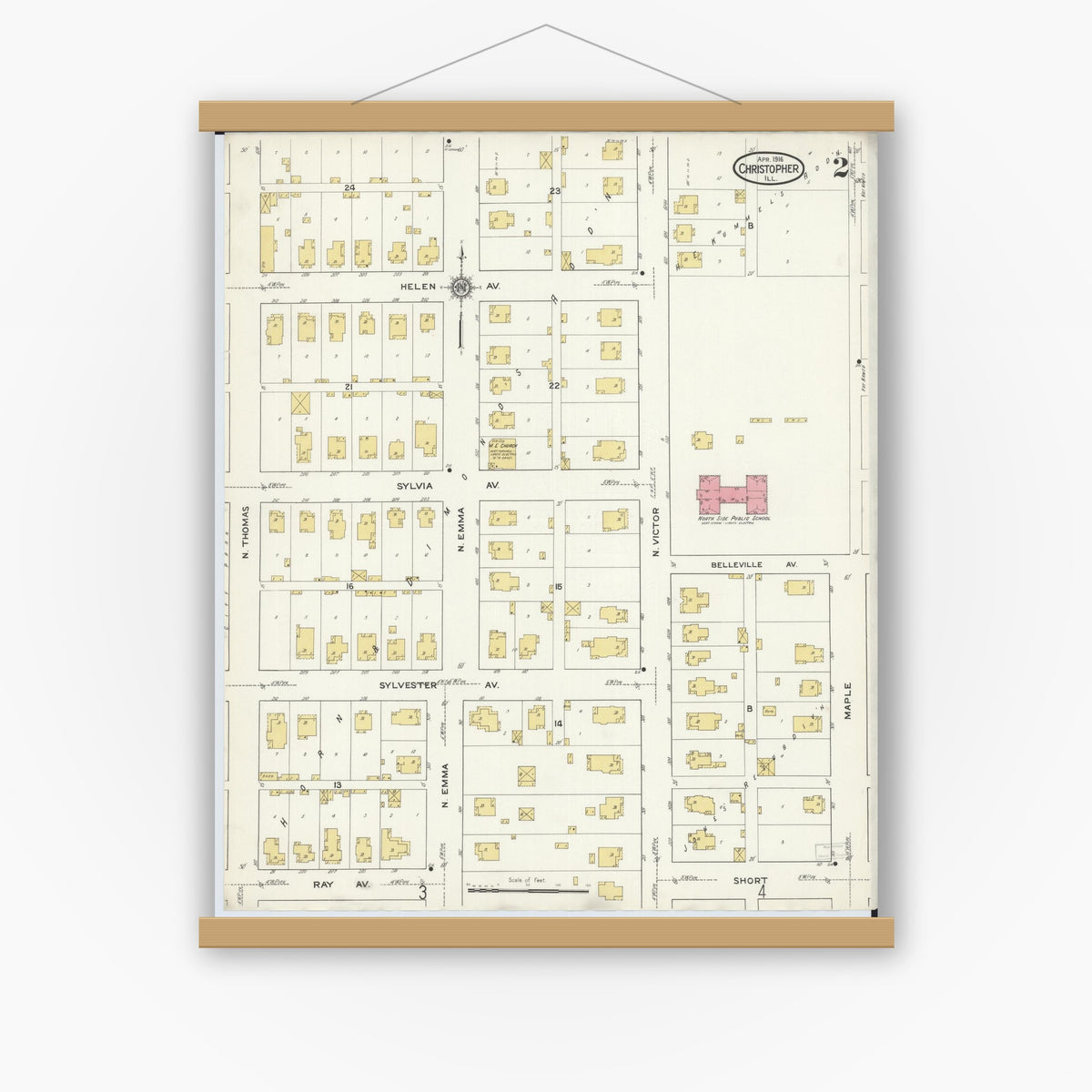 Old map wall art mockup — magnetic wood frame on white wall — Sanborn Fire Insurance Map from Christopher, Franklin County, Illinois (1916), Sheet #0002