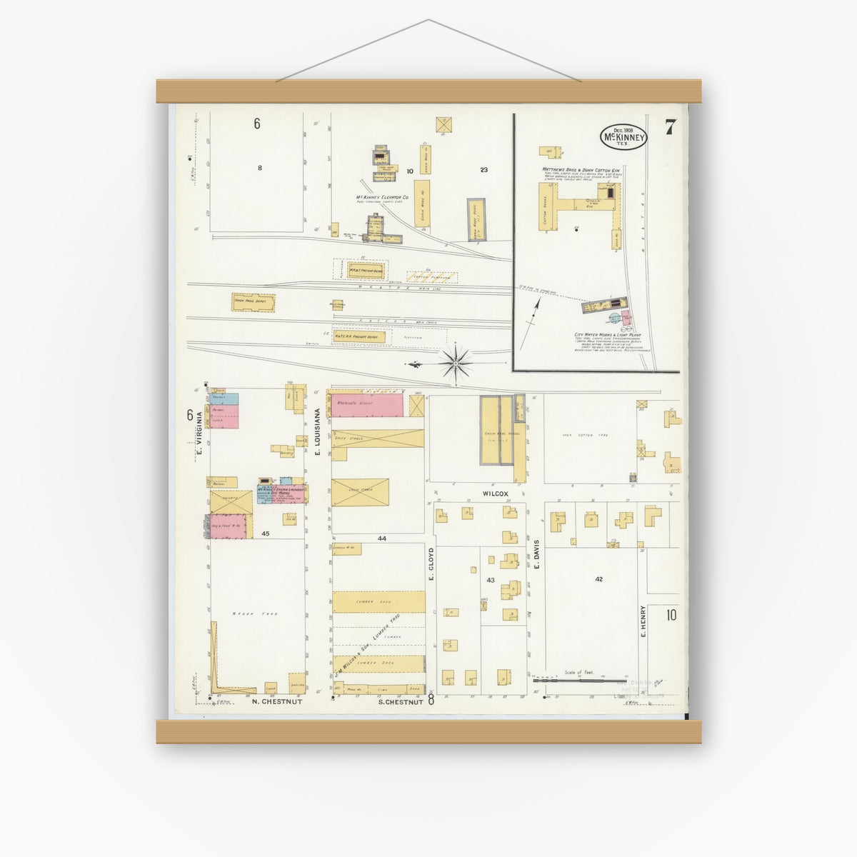 Old map wall art mockup — magnetic wood frame on white wall — Sanborn Fire Insurance Map from McKinney, Collin County, Texas (1908), Sheet #0007
