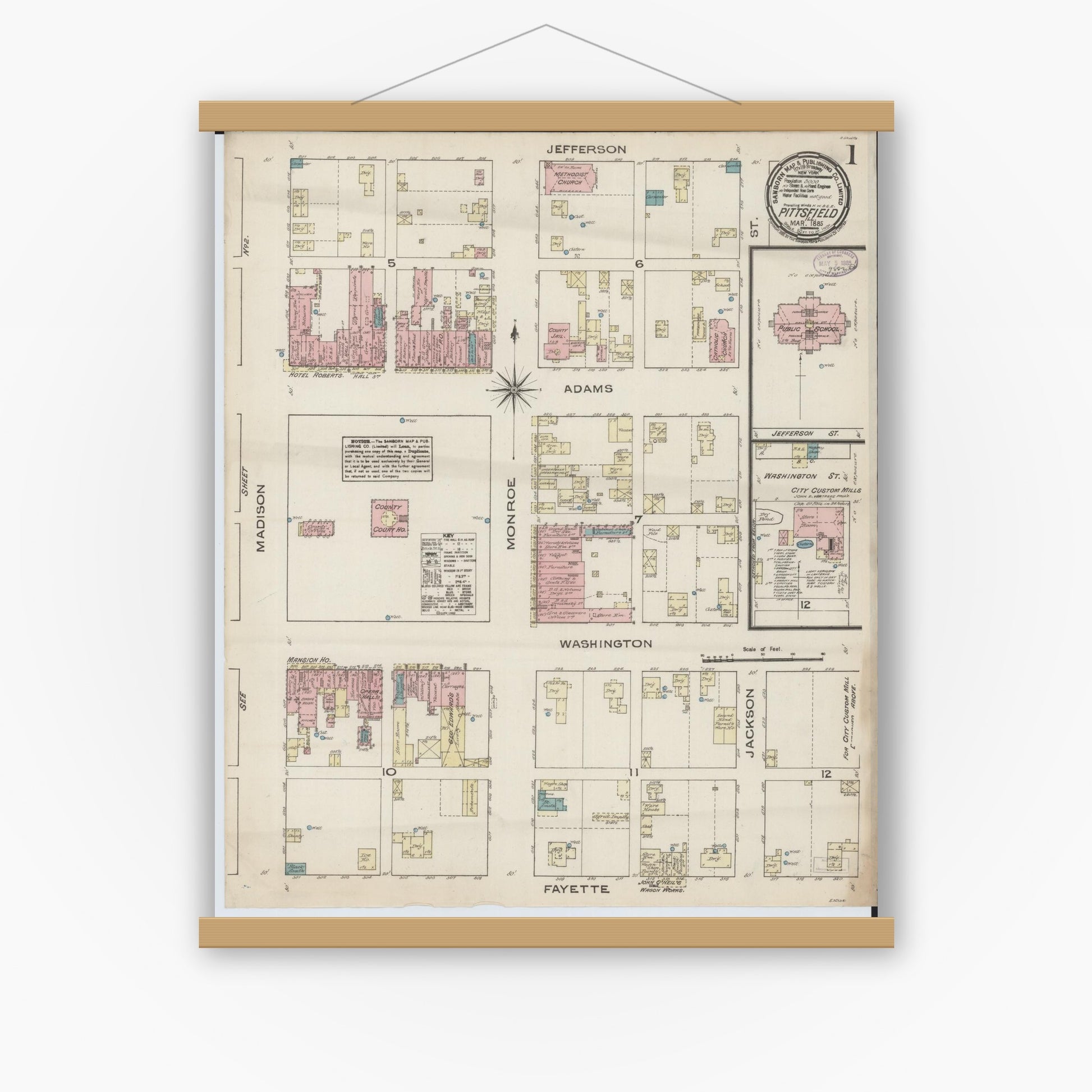Old map wall art mockup — magnetic wood frame on white wall — Sanborn Fire Insurance Map from Pittsfield, Pike County, Illinois (1885), Sheet #0001