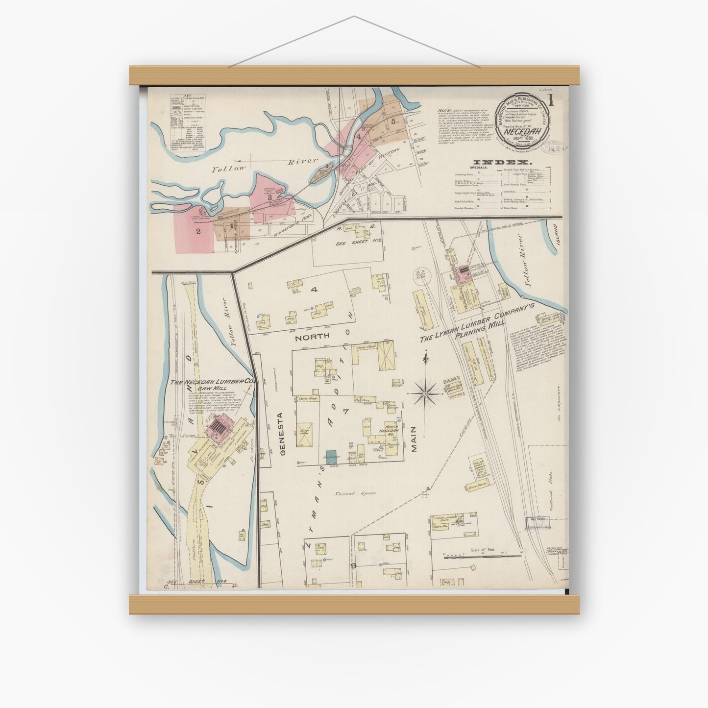 Old map wall art mockup — magnetic wood frame on white wall — Sanborn Fire Insurance Map from Necedah, Juneau County, Wisconsin (1885) - Complete Map Set