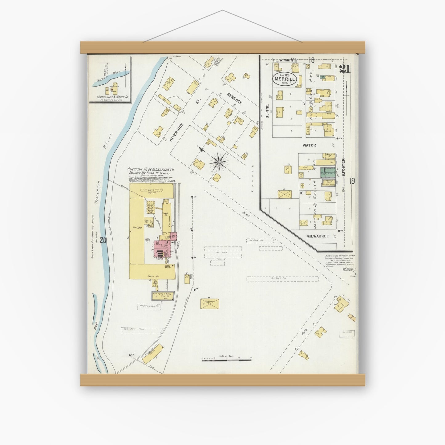 Old map wall art mockup — magnetic wood frame on white wall — Sanborn Fire Insurance Map from Merrill, Lincoln County, Wisconsin (1902), Sheet #0021
