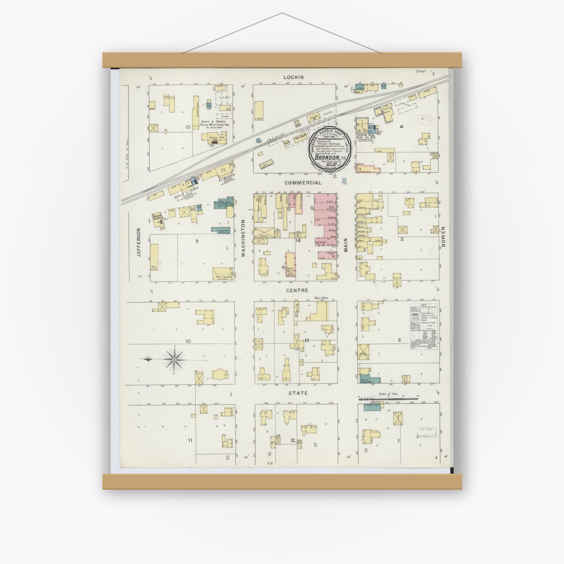 Old map wall art mockup — magnetic wood frame on white wall — Sanborn Fire Insurance Map from Brandon, Fond du Lac County, Wisconsin (1894), Sheet #0001