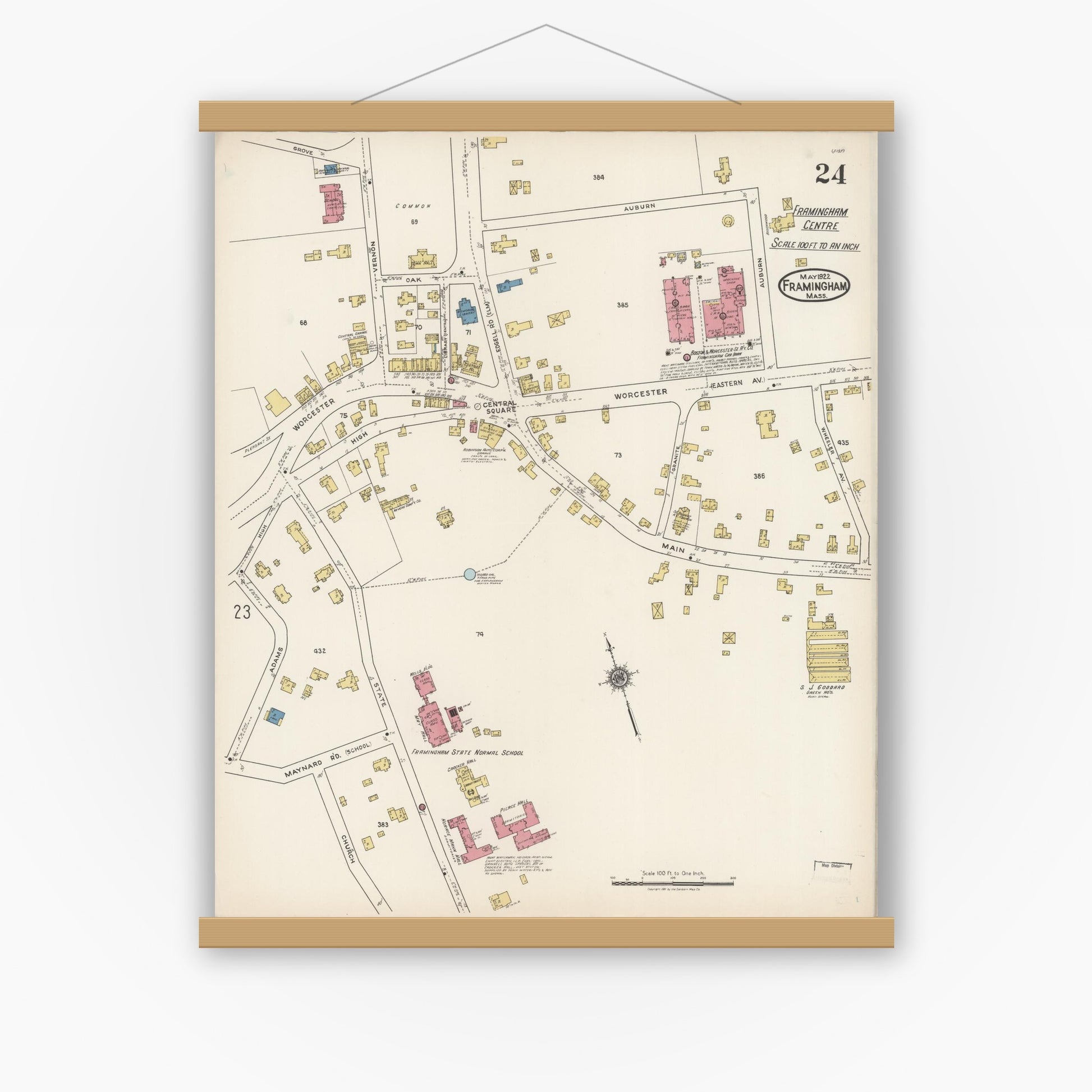 Old map wall art mockup — magnetic wood frame on white wall — Sanborn Fire Insurance Map from Framingham, Middlesex County, Massachusetts (1922), Sheet #0024