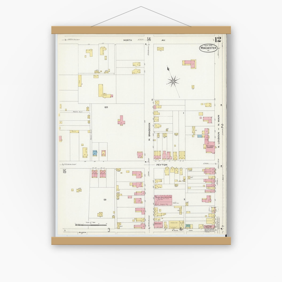 Old map wall art mockup — magnetic wood frame on white wall — Sanborn Fire Insurance Map from Winchester, Independent Cities, Virginia (1908), Sheet #0012