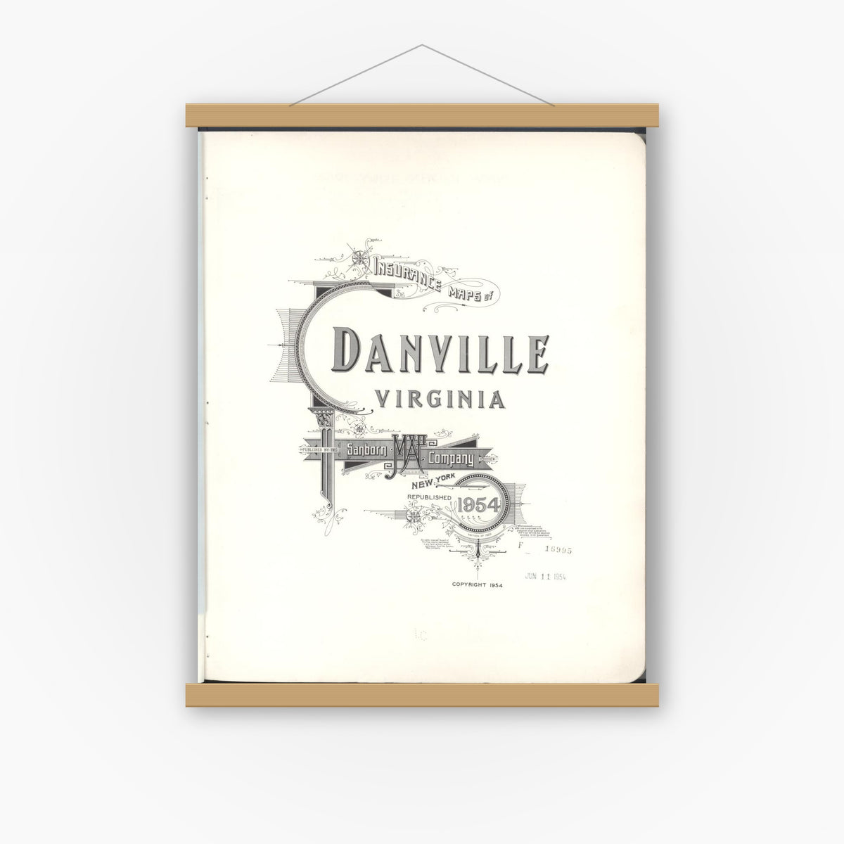 Old map wall art mockup — magnetic wood frame on white wall — Sanborn Fire Insurance Map from Danville, Independent Cities, Virginia (1954), Sheet #0001