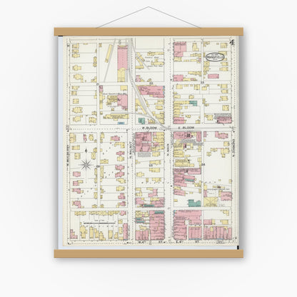 Old map wall art mockup — magnetic wood frame on white wall — Sanborn Fire Insurance Map from Mansfield, Richland County, Ohio (1892), Sheet #0004