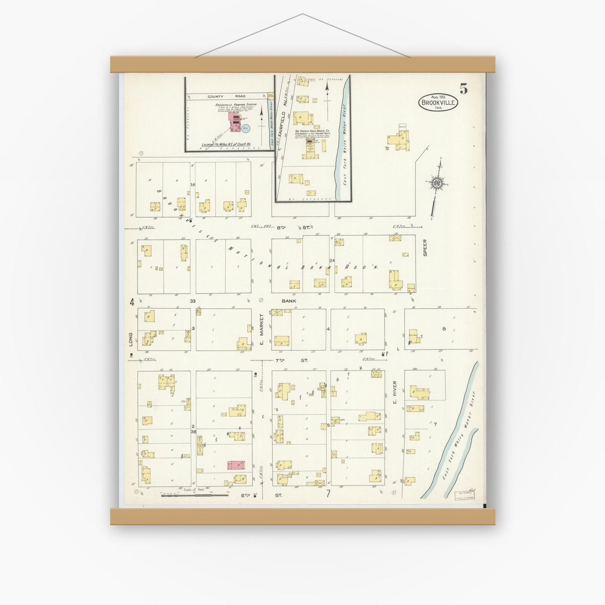 Old map wall art mockup — magnetic wood frame on white wall — Sanborn Fire Insurance Map from Brookville, Franklin County, Indiana (1913), Sheet #0005