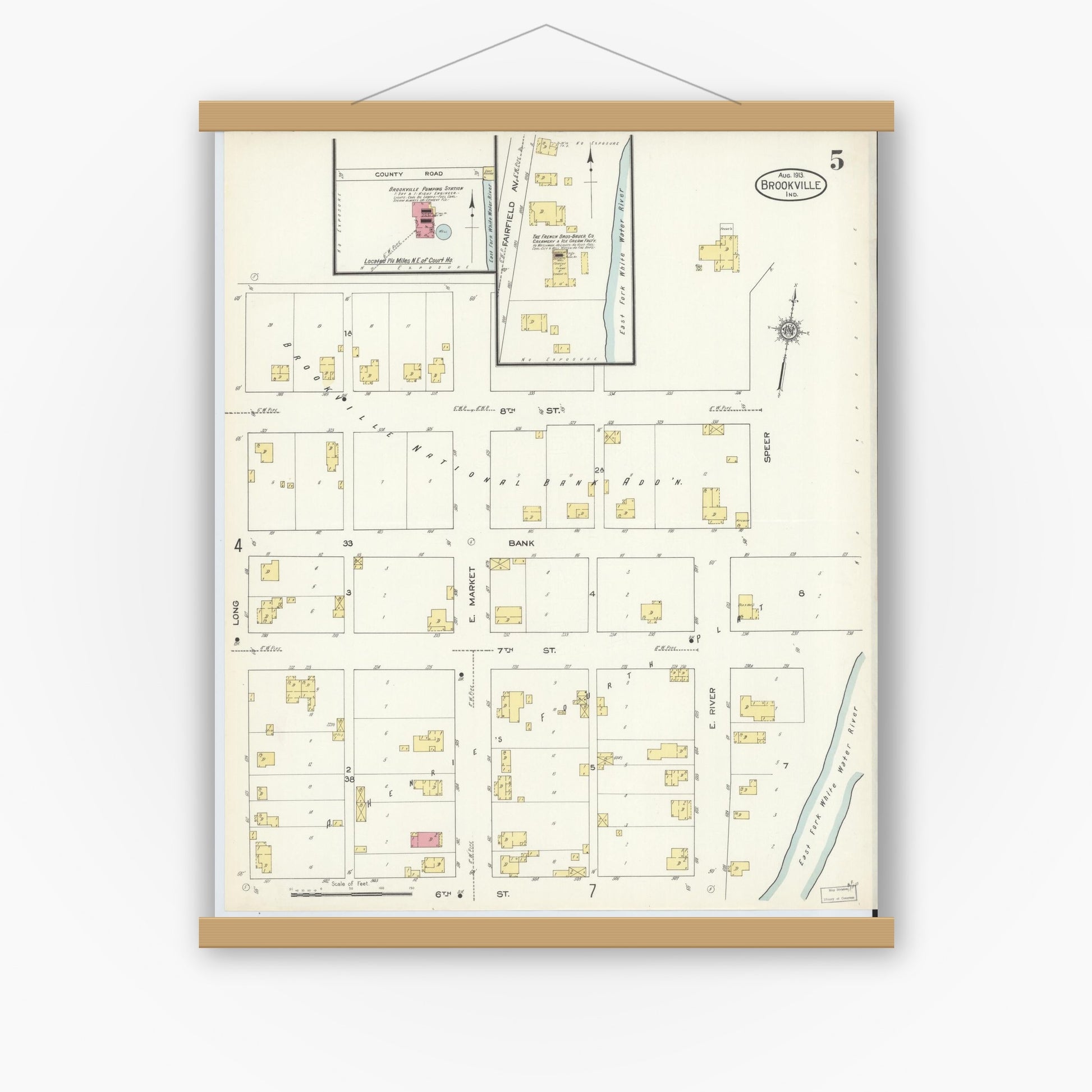 Old map wall art mockup — magnetic wood frame on white wall — Sanborn Fire Insurance Map from Brookville, Franklin County, Indiana (1913), Sheet #0005