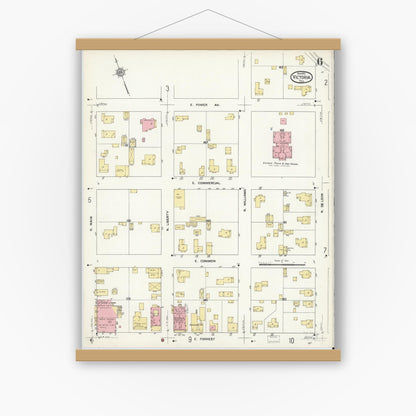 Old map wall art mockup — magnetic wood frame on white wall — Sanborn Fire Insurance Map from Victoria, Victoria County, Texas (1912), Sheet #0006