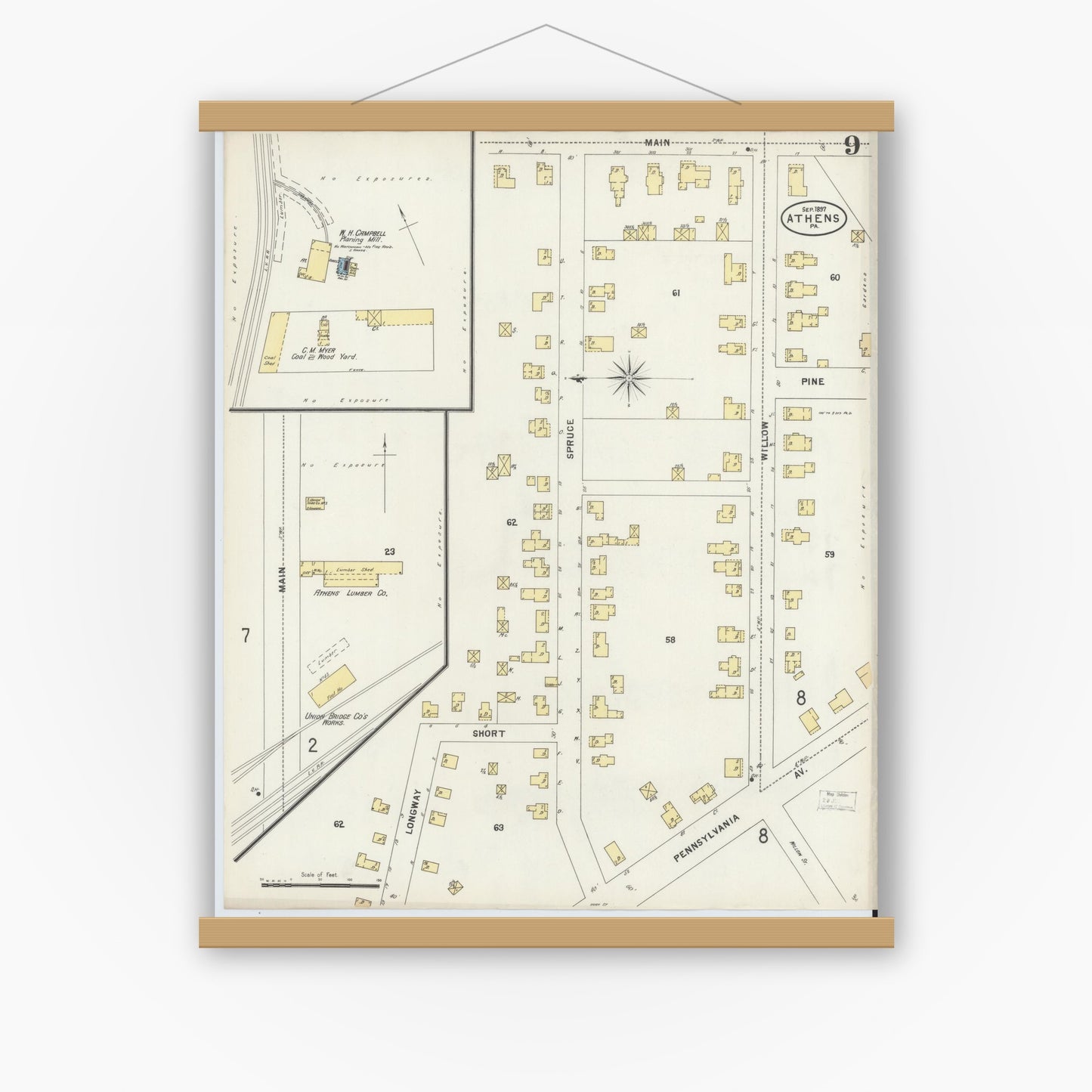 Old map wall art mockup — magnetic wood frame on white wall — Sanborn Fire Insurance Map from Athens, Bradford County, Pennsylvania (1897), Sheet #0009