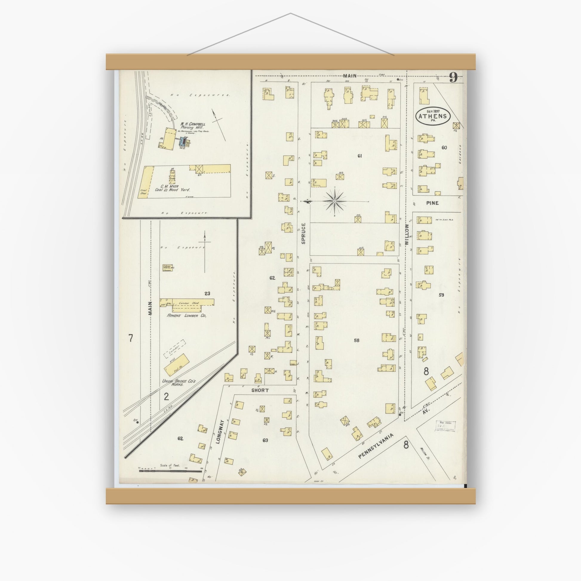 Old map wall art mockup — magnetic wood frame on white wall — Sanborn Fire Insurance Map from Athens, Bradford County, Pennsylvania (1897), Sheet #0009
