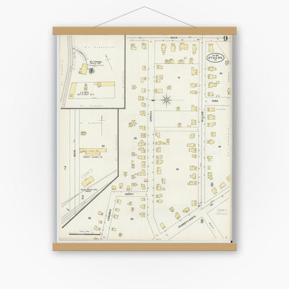 Old map wall art mockup — magnetic wood frame on white wall — Sanborn Fire Insurance Map from Athens, Bradford County, Pennsylvania (1897), Sheet #0009