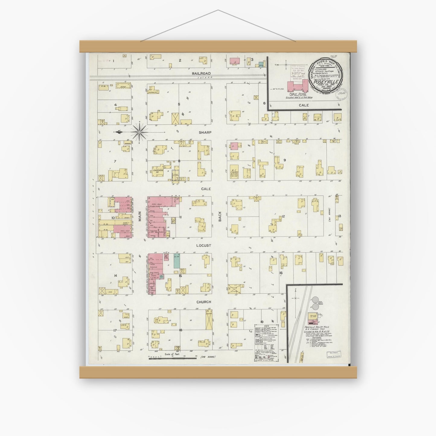 Old map wall art mockup — magnetic wood frame on white wall — Sanborn Fire Insurance Map from Poseyville, Posey County, Indiana (1900), Sheet #0001