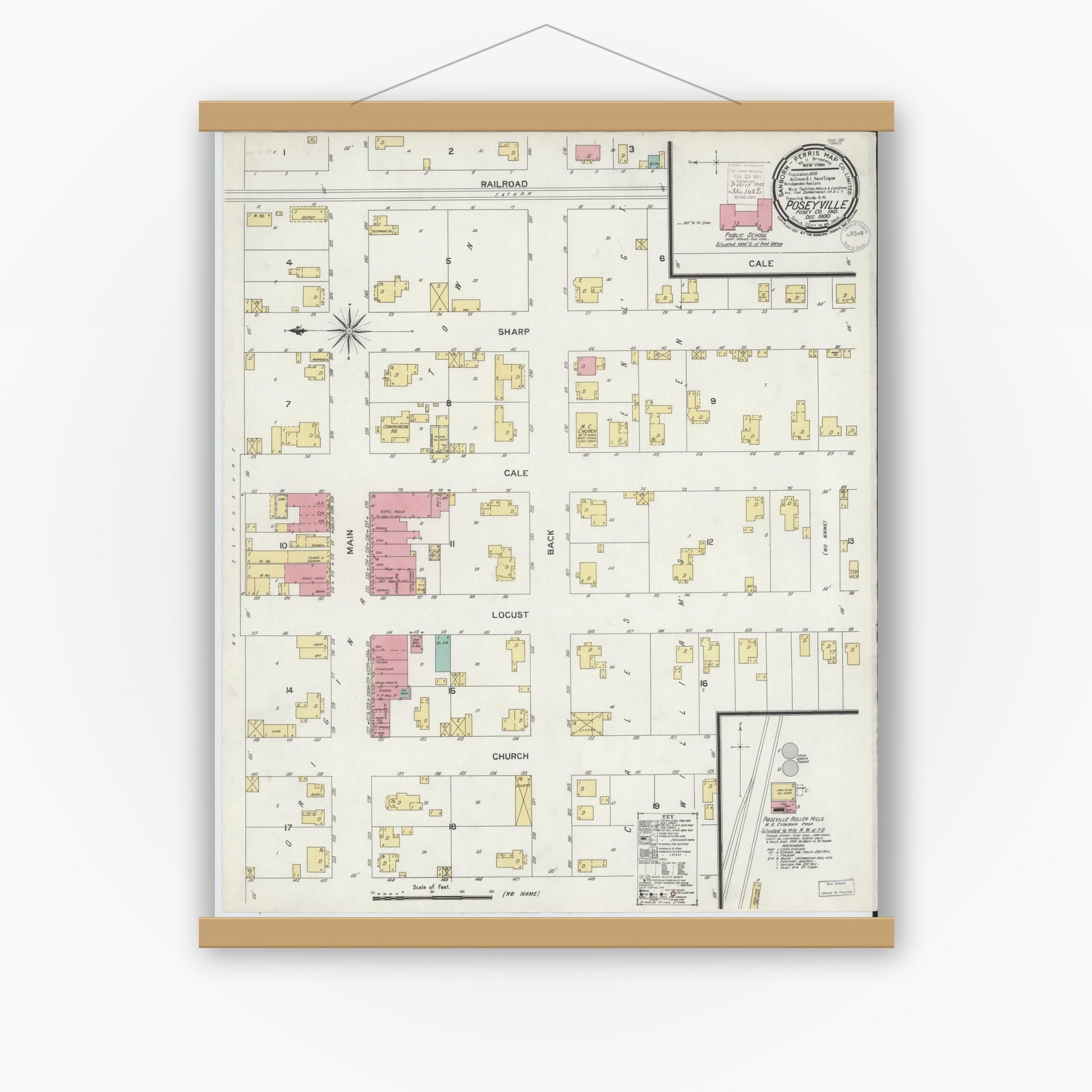 Old map wall art mockup — magnetic wood frame on white wall — Sanborn Fire Insurance Map from Poseyville, Posey County, Indiana (1900), Sheet #0001