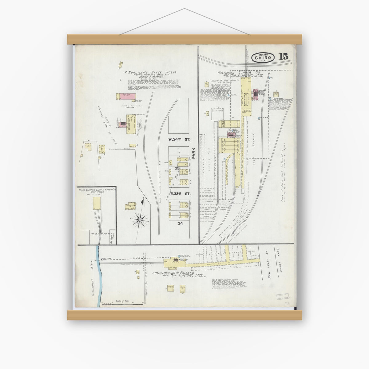 Old map wall art mockup — magnetic wood frame on white wall — Sanborn Fire Insurance Map from Cairo, Alexander County, Illinois (1891), Sheet #0015