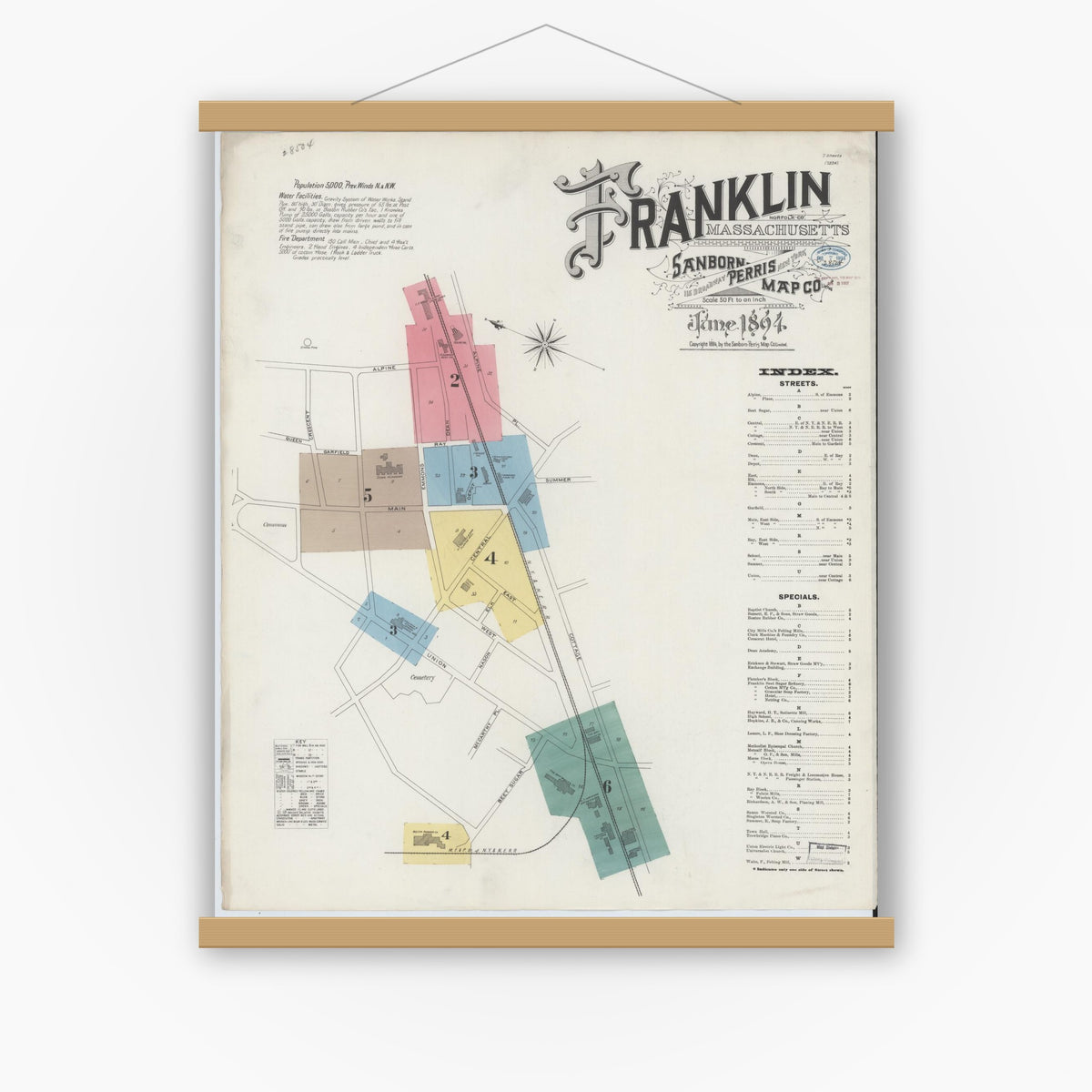 Old map wall art mockup — magnetic wood frame on white wall — Sanborn Fire Insurance Map from Franklin, Norfolk County, Massachusetts (1894) - Complete Map Set