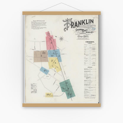 Old map wall art mockup — magnetic wood frame on white wall — Sanborn Fire Insurance Map from Franklin, Norfolk County, Massachusetts (1894) - Complete Map Set