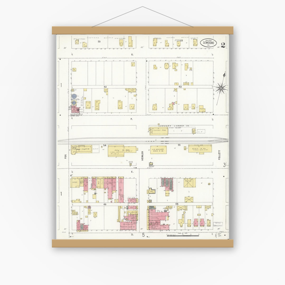 Old map wall art mockup — magnetic wood frame on white wall — Sanborn Fire Insurance Map from Lemoore, Kings County, California (1909), Sheet #0002